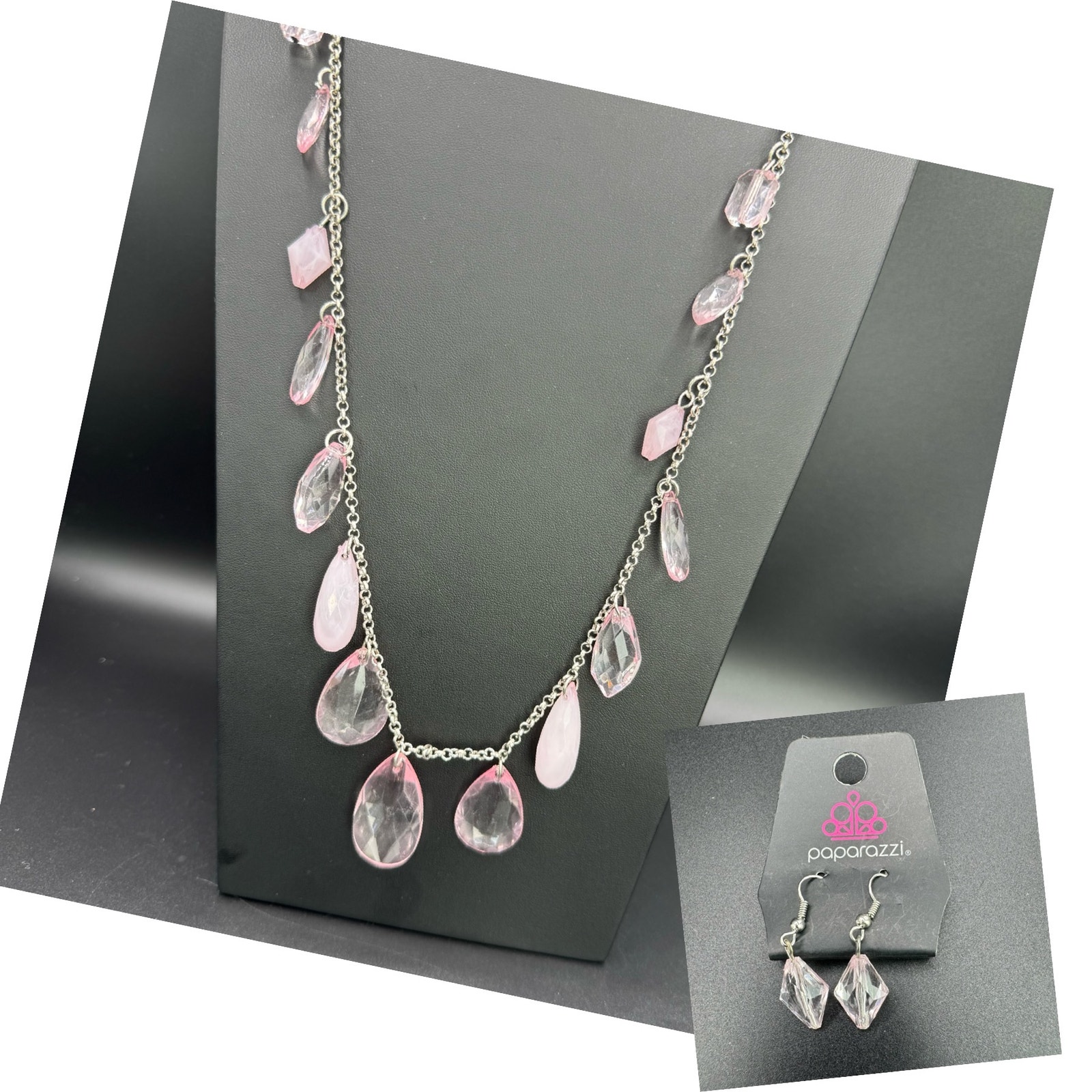 New Paparrazi Pink Acrylic Teardrop Chain Necklace And Hook Dangling Earring Set